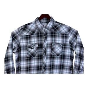 WRANGLER WRANCHER Long Sleeve Plaid Pearl Snap Shirt Size 2XT 2XL Tall Blue Gray